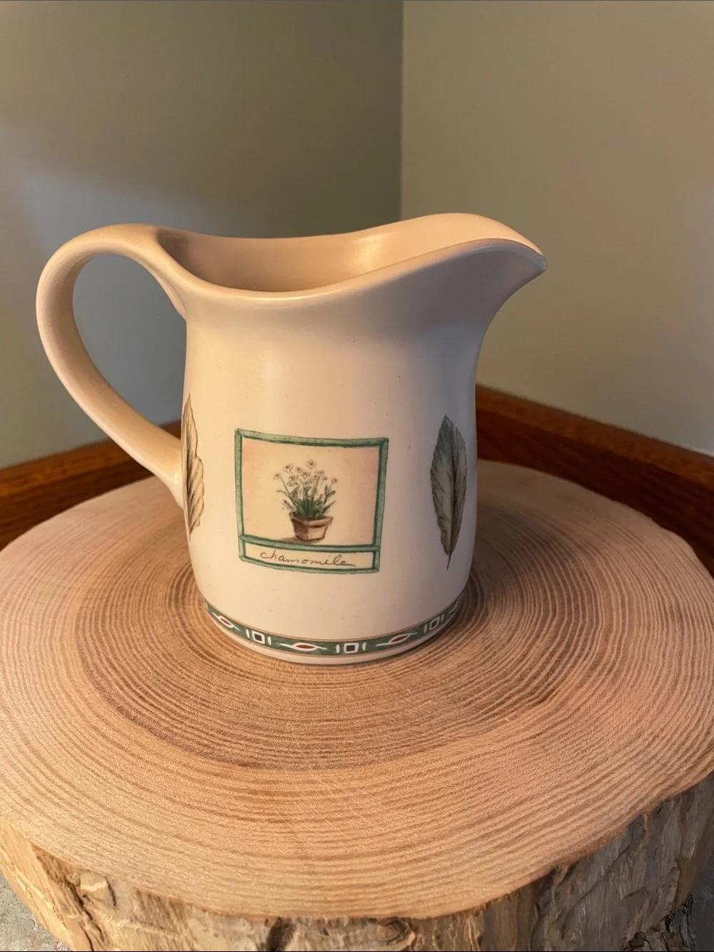 Pfaltzgraff Naturewood Cream Ceramic Pitcher with Green Botanical Motif
